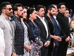 Union Minister for Information and Broadcasting Anurag Singh Thakur with MoS L Murugan, actors Madhuri Dixit, Shahid Kapoor and Sunny Deol, filmmaker Karan Johar and others during the inaugural ceremony of 54Th International Film Festival of India (IFFI), in Goa on Monday. (PTI)