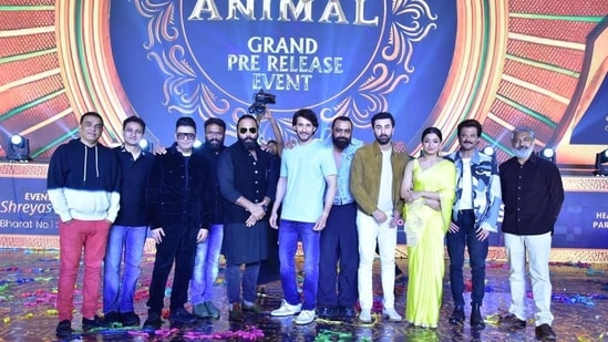Actors Ranbir Kapoor, Rashmika Mandanna, Anil Kapoor and Bobby Deol, along with actor Mahesh Babu, filmmaker SS Rajamouli, director Sandeep Reddy Vanga, managing director of T-Series Bhushan Kumar and others at the grand pre release event of their upcoming film Animal in Hyderabad on Monday. 