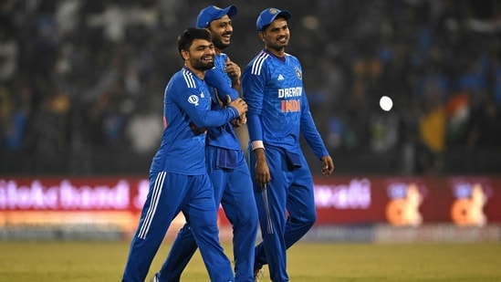 Rinku Singh, Axar Patel and Shreyas Iyer walk back to the pavilion after the fourth T20I between India and Australia(AFP)