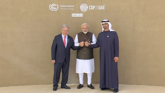 Prime Minister Narendra Modi met UAE President Mohammed Bin Zayed and UN Secretary General Antonio Gutterus at the COP 28 Summit in Dubai. "Glad to join the COP-28 Summit, a pivotal platform for global climate action…" PM Modi wrote on X sharing a picture of him holding hands with Zayed and Gutterus. This is PM Modi's third appearance at the World Climate Action Summit after his visits to Paris in 2015 and Glasgow in 2021.&nbsp;(X/Narendra Modi)