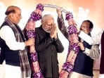 Prime Minister Narendra Modi with BJP National President J.P. Nadda, Defence Minister Rajnath Singh and Union Home Minister Amit Shah during celebrations after party's victory in elections to the Legislative Assemblies of Madhya Pradesh, Rajasthan and Chhattisgarh, at BJP headquarters, in New Delhi.(PTI)