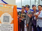 ASC Centre Commandant Lt. General BK with Lt General Venkatesh Reddy, AVSM (retd) and others unveils the QR code for contribution to Armed Forces Flag Day fund during the Armed Forces Flag Day event at Raj Bhavan in Bengaluru.(PTI)