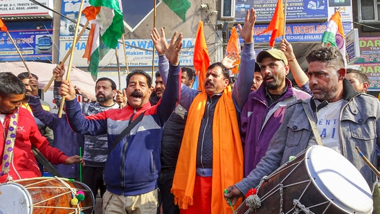 Members of Rashtriya Bajrang Dal after the Supreme Court's verdict upholding the Centre's decision to abrogate Article 370 of the Constitution in Jammu.(PTI)