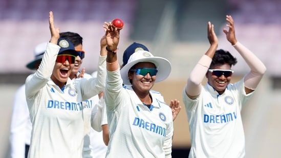 India Women's Deepti Sharma and teammates celebrate(BCCI Women-X)