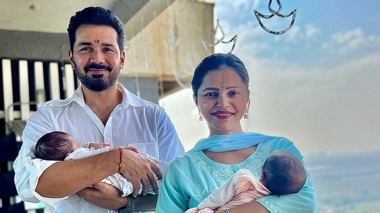 Rubina Dilaik and Abhinav Shukla with their twin babies.