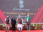 PM Modi inaugurated the Vibrant Gujarat Global Trade Show in Gandhinagar on Tuesday, accompanied by Timor-Leste President José Ramos-Horta, Mozambique President Filipe Jacinto Nyusi, and Gujarat CM Bhupendra Patel.(X/Narendra Modi)