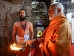 Posting pictures of him offering prayers at the temple PM Modi wrote on X, “For all those who are devotees of Prabhu Shri Ram, Lepakshi holds great significance. Today, I had the honour of praying at the Veerbhadra temple. I prayed that the people of India be happy, healthy and scale new heights of prosperity.”(X/Narendra Modi)