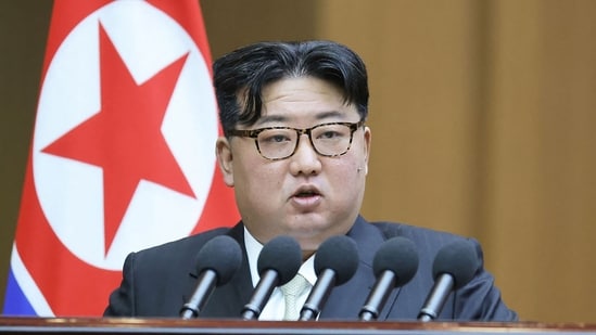 North Korea's leader Kim Jong Un speaking at a session at the Mansudae Assembly Hall in Pyongyang.(AFP)