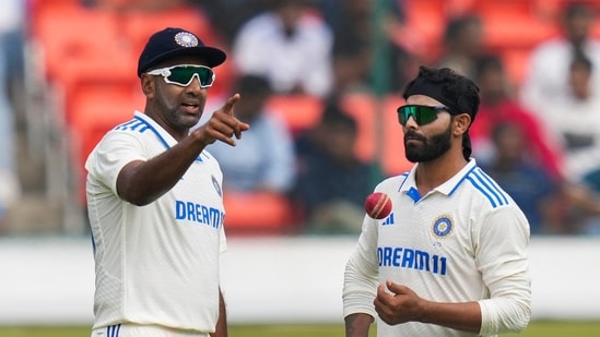 India's Ravichandran Ashwin and Ravindra Jadeja during the third day of first Test match between India and England at Rajiv Gandhi International Cricket Stadium(PTI)