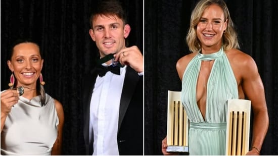 From L to R Asheigh Gardner and Mitchell Marsh won the top honours; Ellyse Perry poses with the Women's T20I and ODI player of the year awards(CA)