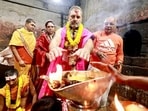 Congress leader Rahul Gandhi visited the Baba Baidyanath Dham in Deoghar on the second day of his Bharat Jodo Nyay Yatra in Jharkhand. The yatra resumed at Govindpur in Dhanbad city on Sunday after a night halt in the Tundi block of the district on Saturday. (ANI)