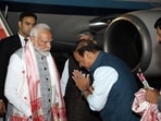 PM Modi was received by Governor Gulab Chand Kataria, Chief Minister Himanta Biswa Sarma, Union Ports, Shipping and Waterways Minister Sarbananda Sonowal, some state ministers and senior civil and police officers. (CM Office Assam-X)