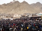 Thousands of men and women braved the bitter cold as they marched in Leh's main city, demanding statehood for Ladakh and the implementation of the sixth schedule of the Constitution. (ANI)