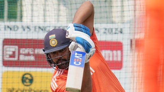 <p>Captain Rohit Sharma could be seen focused while batting in the nets. He will be looking to post a big score.</p>(X (BCCI))