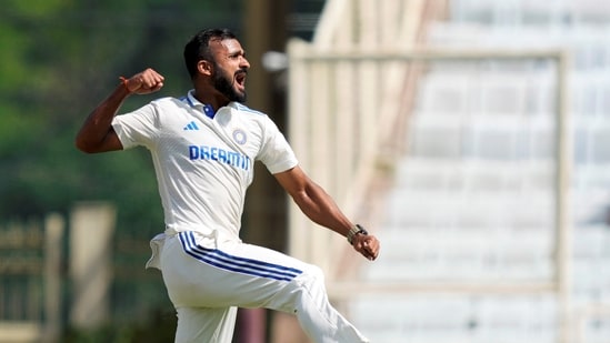 India's Akash Deep enjoyed a stellar first day in Test cricket, as he picked three wickets in the opening session; here, he celebrates the wicket of Zak Crawley (PTI)