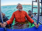 PM Modi after offering prayers underwater at the spot where the submerged city of Dwarka is, in Dwarka, Gujarat.(PTI)