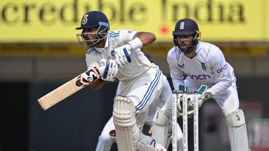 India's Dhruv Jurel plays a shot in front of England's Ben Foakes(AFP)