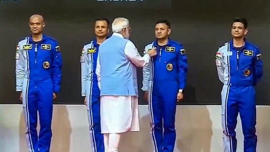 PM Modi reviewed the progress of Gaganyaan mission and bestowed 'astronaut wings' to the astronaut-designates at Vikram Sarabhai Space Centre. (PTI)