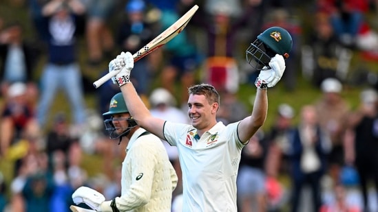 Australia's Cameron Green celebrates scoring 100 runs against New Zealand on Day 1.(AP)