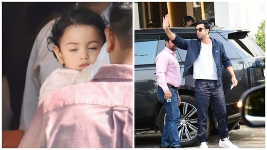 Raha sleeps in Alia Bhatt's arms as dad Ranbir Kapoor waves to the paparazzi at the Kalina airport in Mumbai. They are on their way to Jamnagar in Gujarat for the pre-wedding celebrations of Anant Ambani and Radhika Merchant.