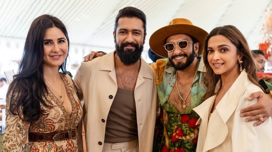 Katrina Kaif, Vicky Kaushal, Ranveer Singh and Deepika Padukone were all smiles for a pic together at the second day of the pre-wedding festivities in Jamnagar. 