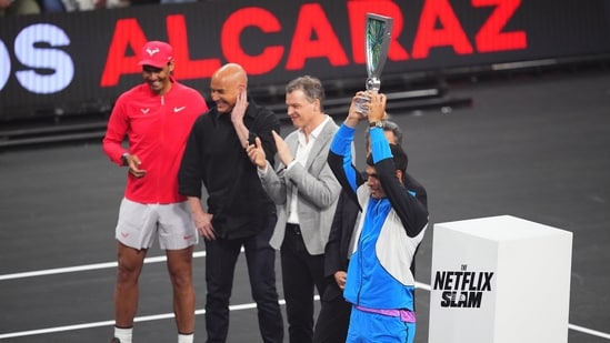 Carlos Alcaraz defeated Rafael Nadal 3-6 6-4 14-12, to claim victory at the Netflix Slam exhibition tennis match, &nbsp;in Las Vegas on Sunday.(Twitter)