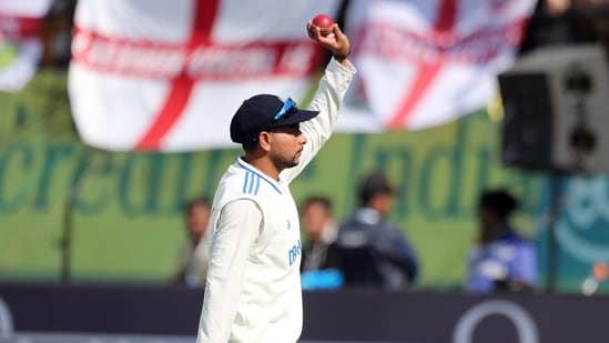 Kuldeep Yadav shows the match ball as he completes a five-wicket haul on Day 1 of the 5th Test match against England (ANI )