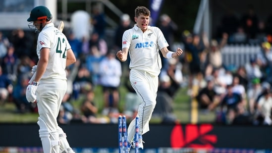 New Zealand's Ben Sears celebrates after taking the wicket of Australia's Cam Green.(AP)