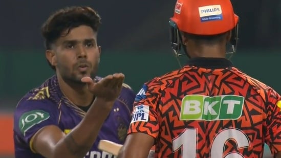 Harshit Rana sends a flying kiss to Mayank Agarwal.