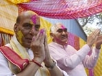 Defence minister Rajnath Singh was seen celebrating the festival with much fervour on Monday. While celebrating Holi with Army jawans in Leh, Rajnath Singh lauded them for protecting the country from enemies while braving extreme weather conditions.(PTI)