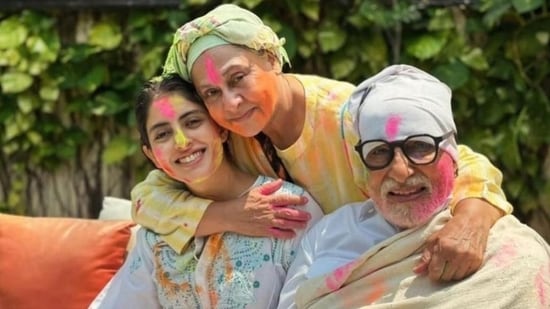 Navya Naveli Nanda shared a bunch of pictures from Holi celebrations at the Bachchan household. In one picture, Amitabh Bachchan and Jaya Bachchan were seen smiling at the camera.