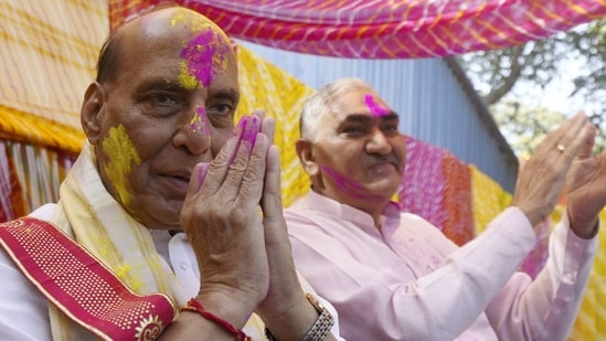 Defence minister Rajnath Singh was seen celebrating the festival with much fervour on Monday. While celebrating Holi with Army jawans in Leh, Rajnath Singh lauded them for protecting the country from enemies while braving extreme weather conditions.(PTI)