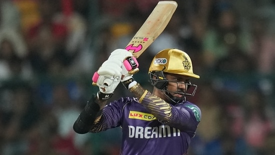 Kolkata Knight Riders' Sunil Narine plays a shot during the Indian Premier League (IPL) 2024 T20 cricket match between Royal Challengers Bengaluru and Kolkata Knight Riders(PTI)