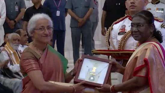 President Droupadi Murmu on Saturday conferred the Bharat Ratna award to agriculture scientist M S Swaminathan posthumously at Rashtrapati Bhavan today. MS Swaminathan, the ‘father of the Green Revolution’ in India, was an agronomist, agricultural scientist, plant geneticist, administrator, and humanitarian. Swaminathan also held administration positions in various agricultural research laboratories. He served as the director general of the Indian Council of Agricultural Research and International Rice Research Institute.(PTI)