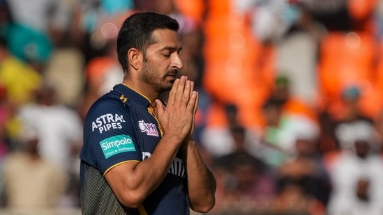 Ahmedabad: Gujarat Titans' Mohit Sharma celebrates the wicket of Sunrisers' Hyderabad's Washington Sundar during the Indian Premier League (IPL) 2024 T20 cricket match between Sunrisers Hyderabad and Gujarat Titans(PTI)