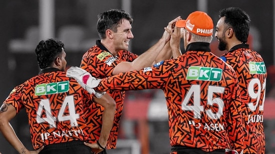 Sunrisers Hyderabad's skipper Pat Cummins celebrates a wicket during the match against Chennai Super Kings in the Indian Premier League (IPL)(SunRisers Hyderabad Twitter)