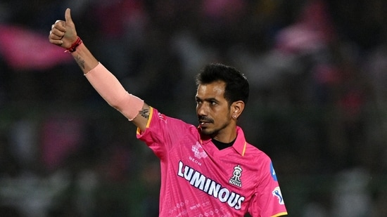 Rajasthan Royals' Yuzvendra Chahal celebrates after taking a wicket.(AFP)