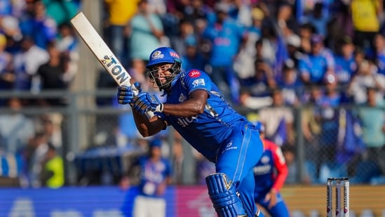 Mumbai: Mumbai Indians' Romario Shepherd plays a shot during the Indian Premier League (IPL) cricket match between Delhi Capitals and Mumbai Indians(PTI)