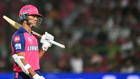 Rajasthan Royals' Yashasvi Jaiswal walks back to the pavilion after his dismissal during the Indian Premier League (IPL) Twenty20 cricket match between Delhi Capitals and Rajasthan Royals at the Sawai Mansingh Stadium in Jaipur(AFP)