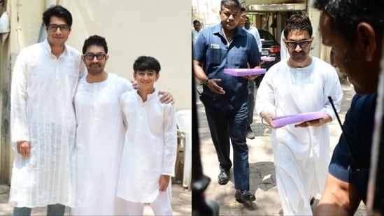 Actor Aamir Khan posed for the paparazzi along with his sons Junaid Khan and Azad Rao Khan as they celebrated Eid. He also distributed sweets and greeted the paparazzi stationed at the venue. Aamir also posed for a picture with a fan. Aamir, Junaid and Azad wore white traditional outfits for the festival. Several videos and pictures of the trio emerged on social media platforms.