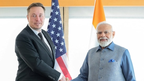 Prime Minister Narendra Modi shakes hand with Tesla chief executive Elon Musk (Reuters)(via REUTERS)