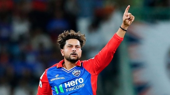 Delhi Capitals' Kuldeep Yadav celebrates a wicket.(ICC-X)