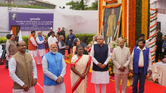 President Droupadi Murmu and Prime Minister Narendra Modi on Sunday paid floral tribute to Dr BR Ambedkar on his 134th birth anniversary. (PTI)