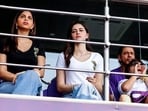 Kolkata Knight Riders (KKR) co-owner and Bollywood actor Shah Rukh Khan, his son Abram Khan, daughter-actor Suhana Khan and actor Ananya Panday watch the match against Lucknow Super Giants in the Indian Premier League 2024, at Eden Gardens in Kolkata on Sunday.(KKR Twitter)