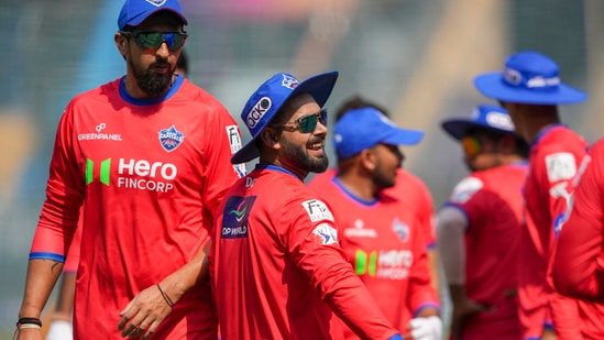 Delhi Capitals' captain Rishabh Pant with Ishant Sharma and others during a practice session (PTI)