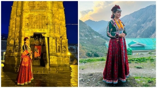 Kangana Ranaut took to Instagram on Tuesday to share pictures of herself dressed in a pahadi attire as she seeked blessings at a temple in Bharmour ahead of Lok Sabha elections 2024. Here's a peek inside the actor-turned-politician's Chamba visit. (All pics: Instagram/Kangana Ranaut)
