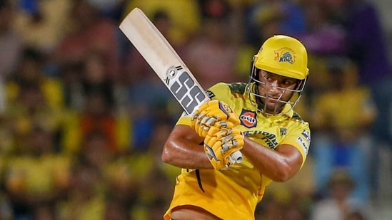 Chennai Super Kings' Shivam Dube plays a shot during the Indian Premier League cricket match between Chennai Super Kings and Lucknow Super Giants(AP)