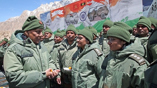 Defence Minister Rajnath Singh interacts with the Armed Forces personnel deployed in Siachen, Ladakh.(X/@rajnathsingh)