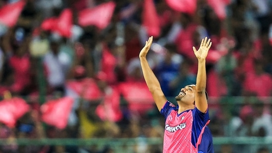 Rajasthan Royals bowler Sandeep Sharma celebrates his 5 wicket-haul(PTI)