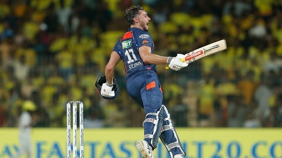 Marcus Stoinis celebrates after scoring the winning runs in the Indian Premier League cricket match between Chennai Super Kings and Lucknow Super Giants.(AP)